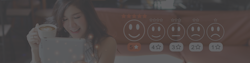Customer satisfaction survey experience concept, happy asian woman drinking coffee and pressing smiling face icon with five star excellent rating for service evaluation on tablet virtual touch screen