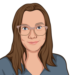 Illustration of Becca Francken, a white woman with short brown hair, glasses and blue eyes
